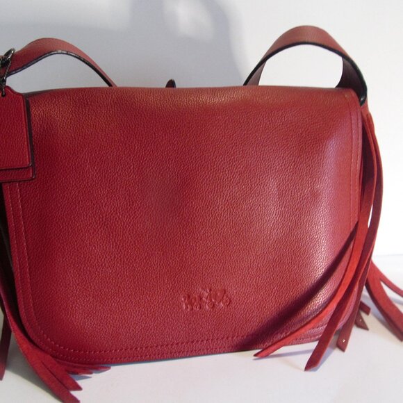 Coach Dakota Fringe Flap Crossbody Bag Red Whipstitch Leather - Picture 1 of 7
